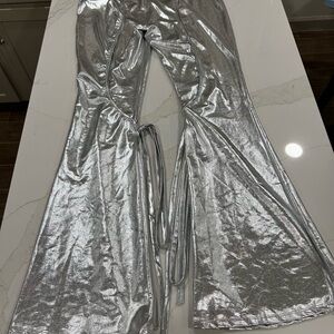 Fashion Nova Metallic Silver Wide Leg Pants with Ties